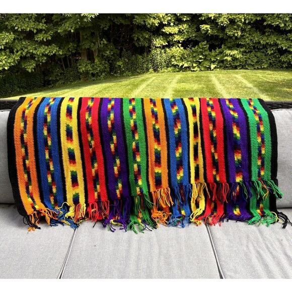 Handmade Other - Vintage Rainbow Striped Afghan Blanket Handmade 60x80 Grannycore Retro Boho Chic